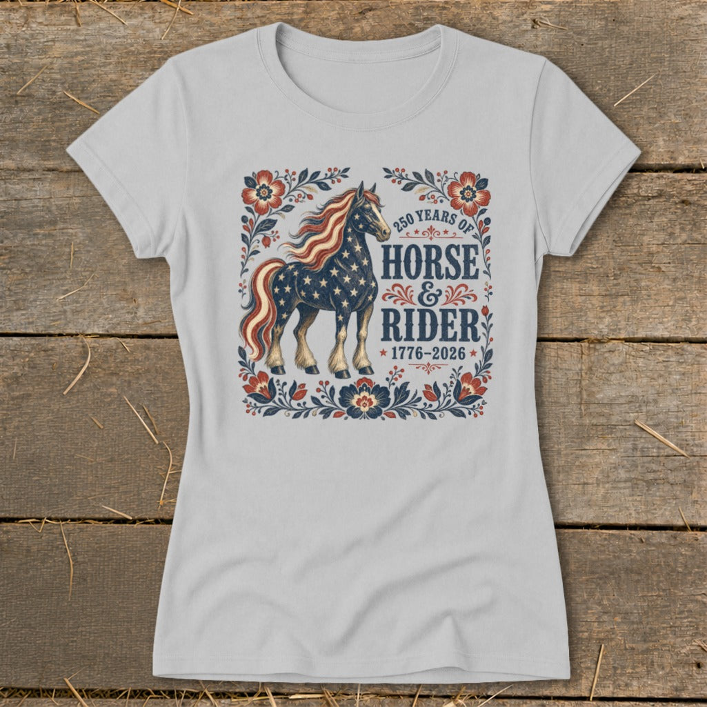 Horse with American flag mane and stars, "250 Years of Horse & Rider 1776-2026".
