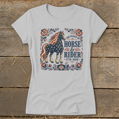 Horse with American flag mane and stars, "250 Years of Horse & Rider 1776-2026".
