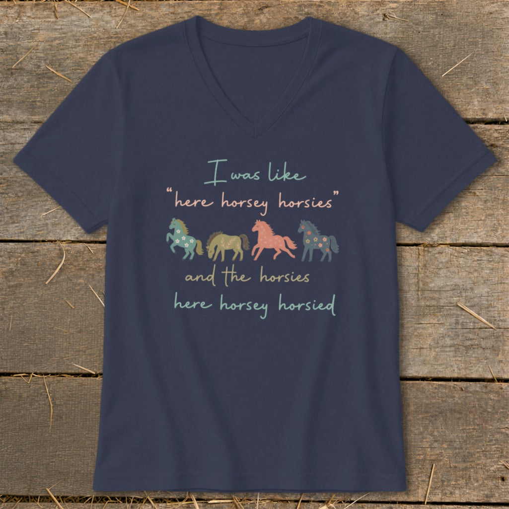 Navy t-shirt with "I was like "here horsey horsies" and the horsies here horsey horsied" text and horse graphics.
