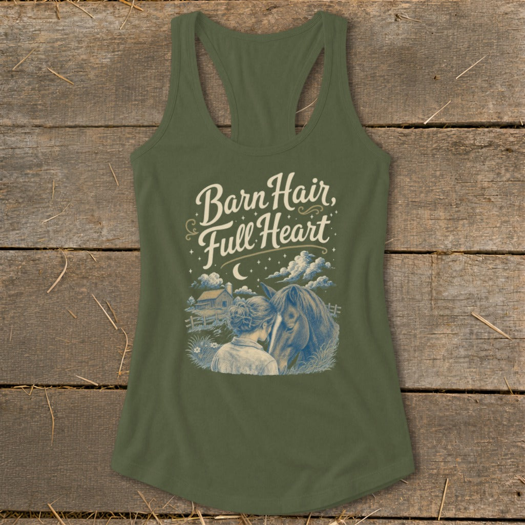 Green tank top with "Barn Hair, Full Heart" text and horse illustration.