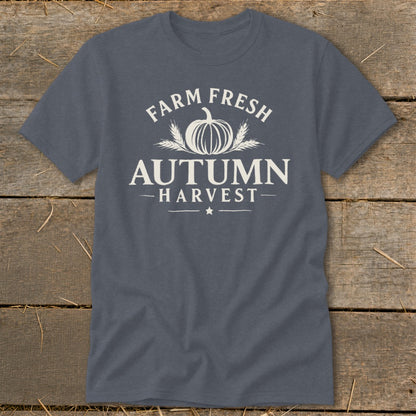 Slate gray t-shirt with "Farm Fresh Autumn Harvest" text and pumpkin graphic.