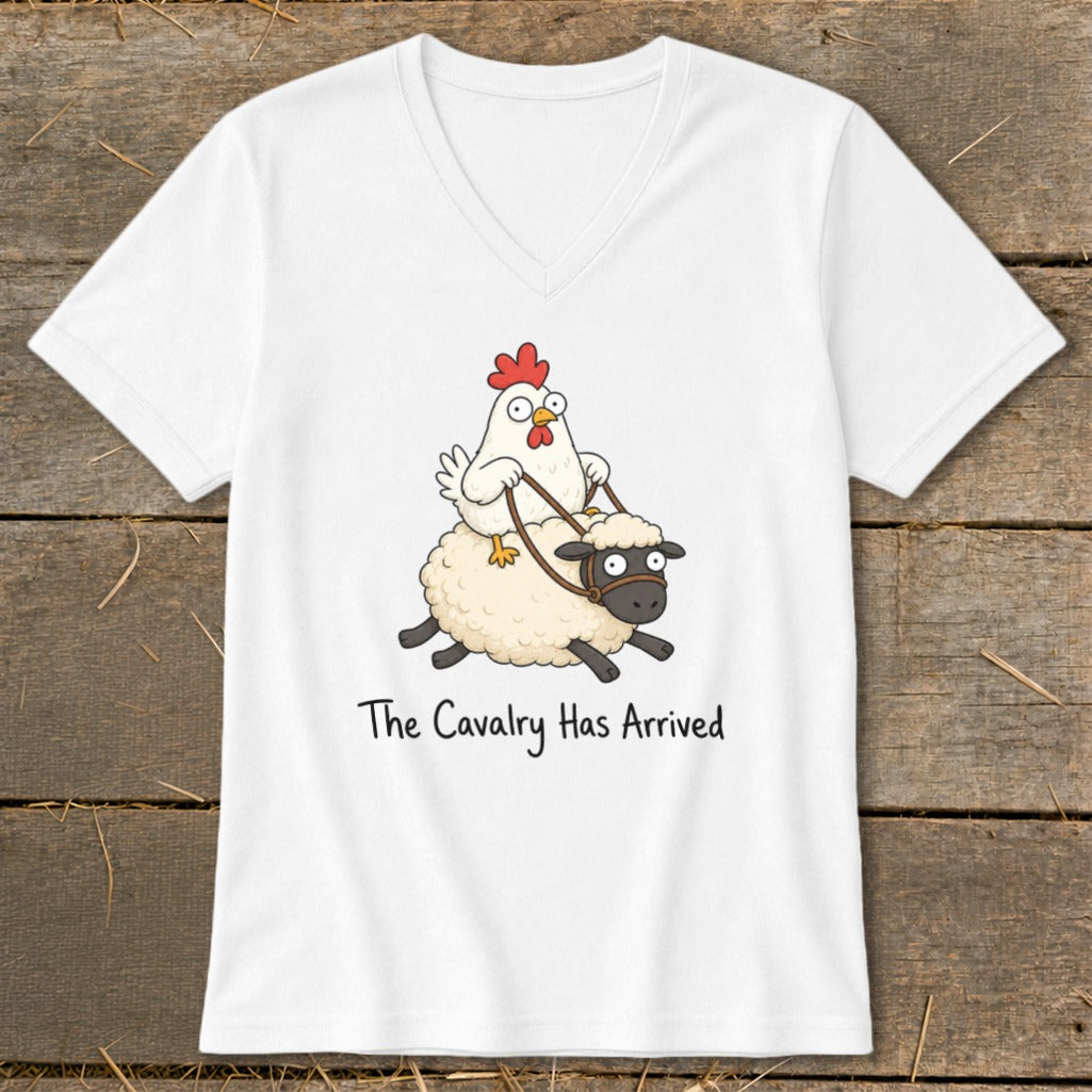 White t-shirt with cartoon chicken riding a sheep, text reads "The Cavalry Has Arrived".
