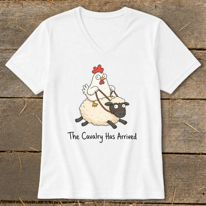 White t-shirt with cartoon chicken riding a sheep, text reads "The Cavalry Has Arrived".