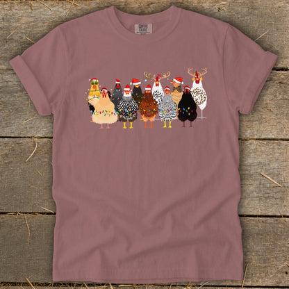 T-shirt graphic with multiple chickens wearing Santa hats and Christmas lights.