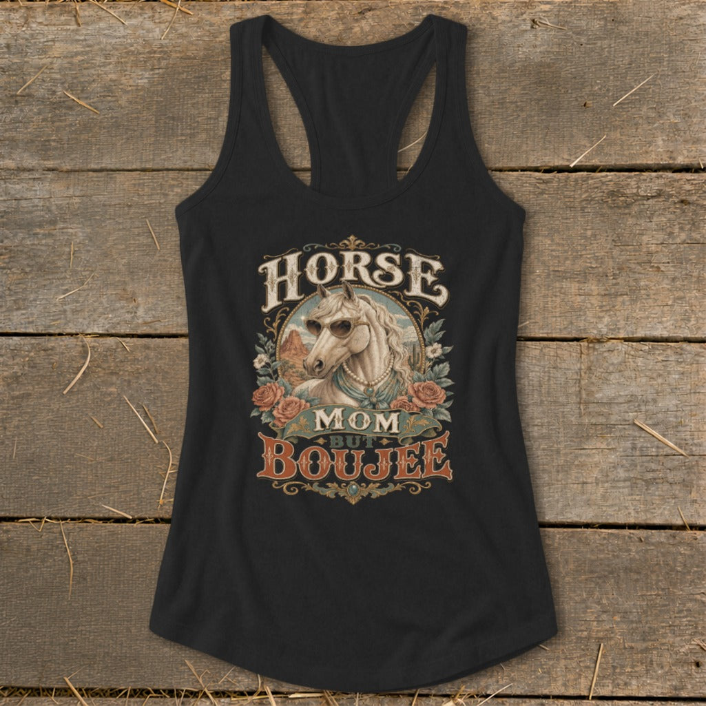 Black tank top with "Horse Mom But Boujee" graphic featuring a horse in sunglasses.