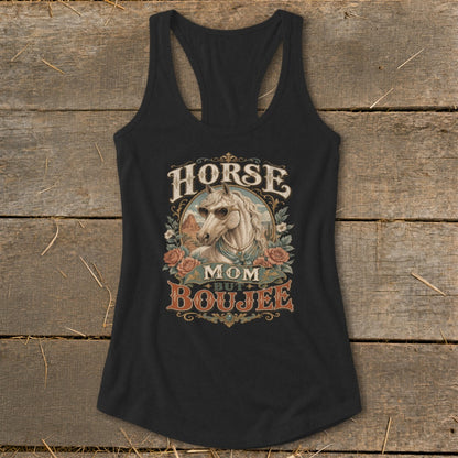 Black tank top with "Horse Mom But Boujee" graphic featuring a horse in sunglasses.