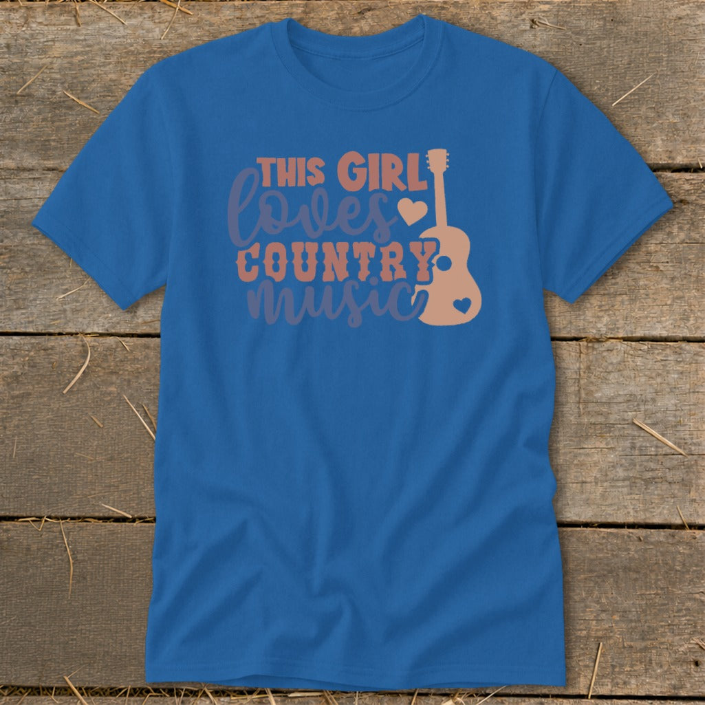 Blue t-shirt with "This Girl Loves Country Music" text and guitar graphic.