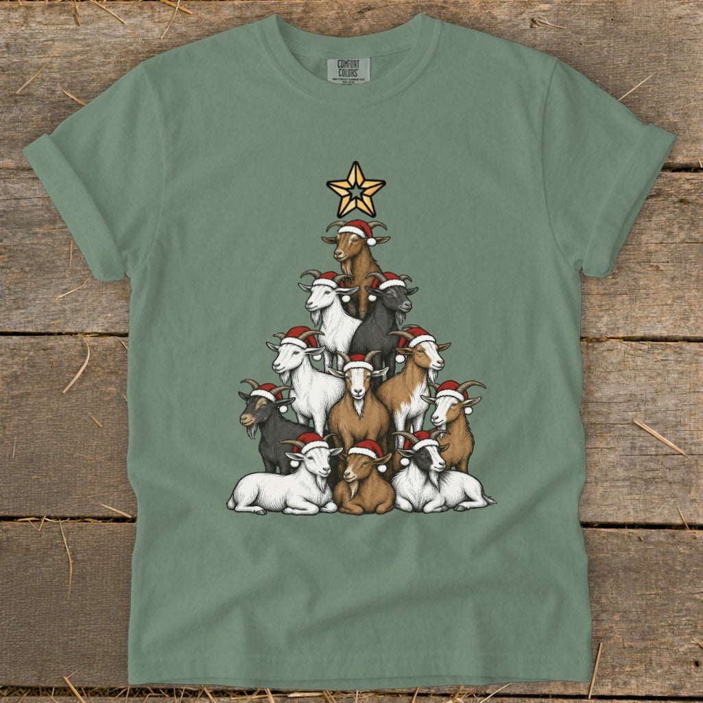 T-shirt graphic of a Christmas tree made of goats wearing Santa hats.