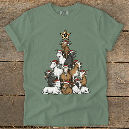 T-shirt graphic of a Christmas tree made of goats wearing Santa hats.