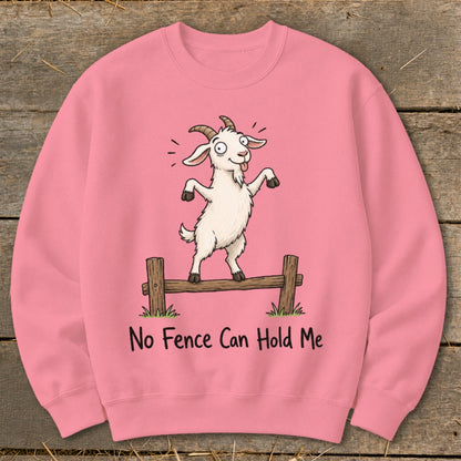 Pink sweatshirt with cartoon goat on fence and text "No Fence Can Hold Me".