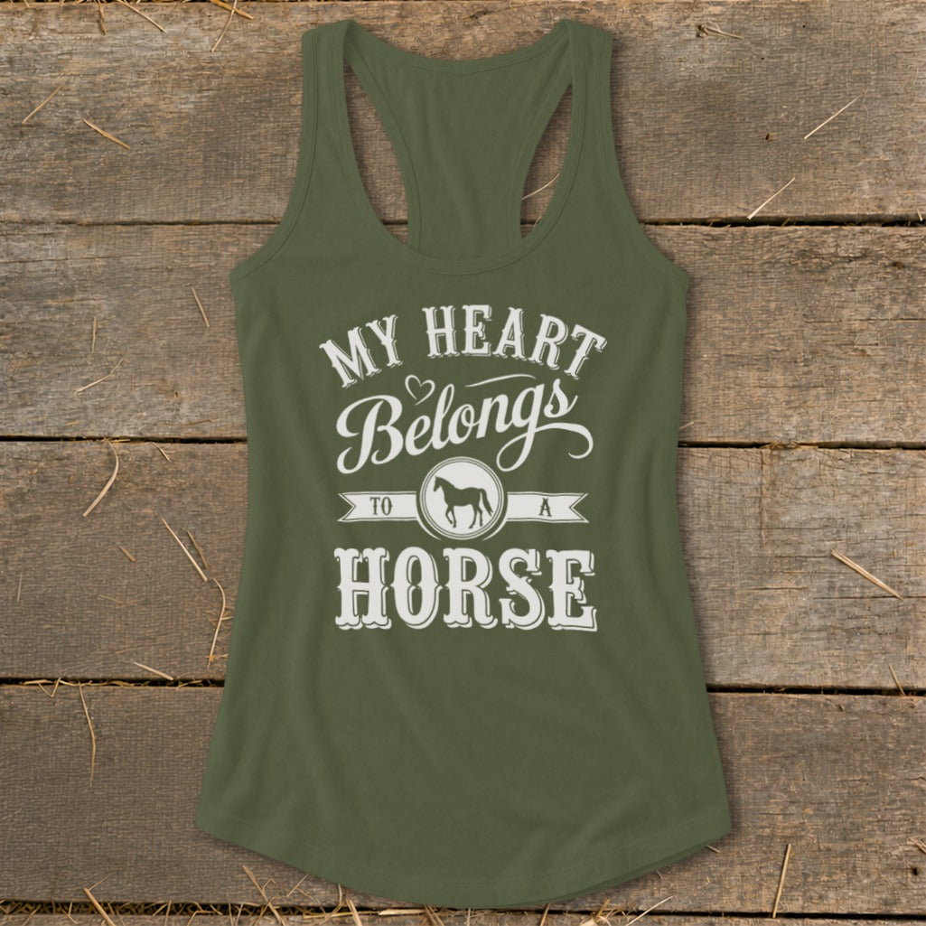 Olive green tank top with white text reading "MY HEART Belongs TO A HORSE" and a horse silhouette.