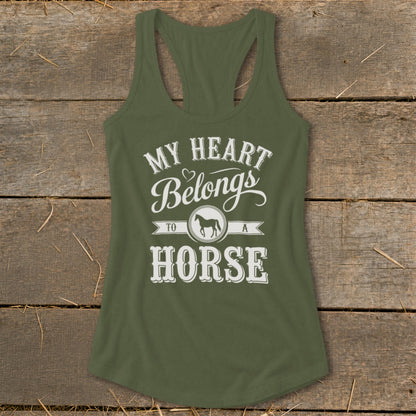 Olive green tank top with white text reading "MY HEART Belongs TO A HORSE" and a horse silhouette.