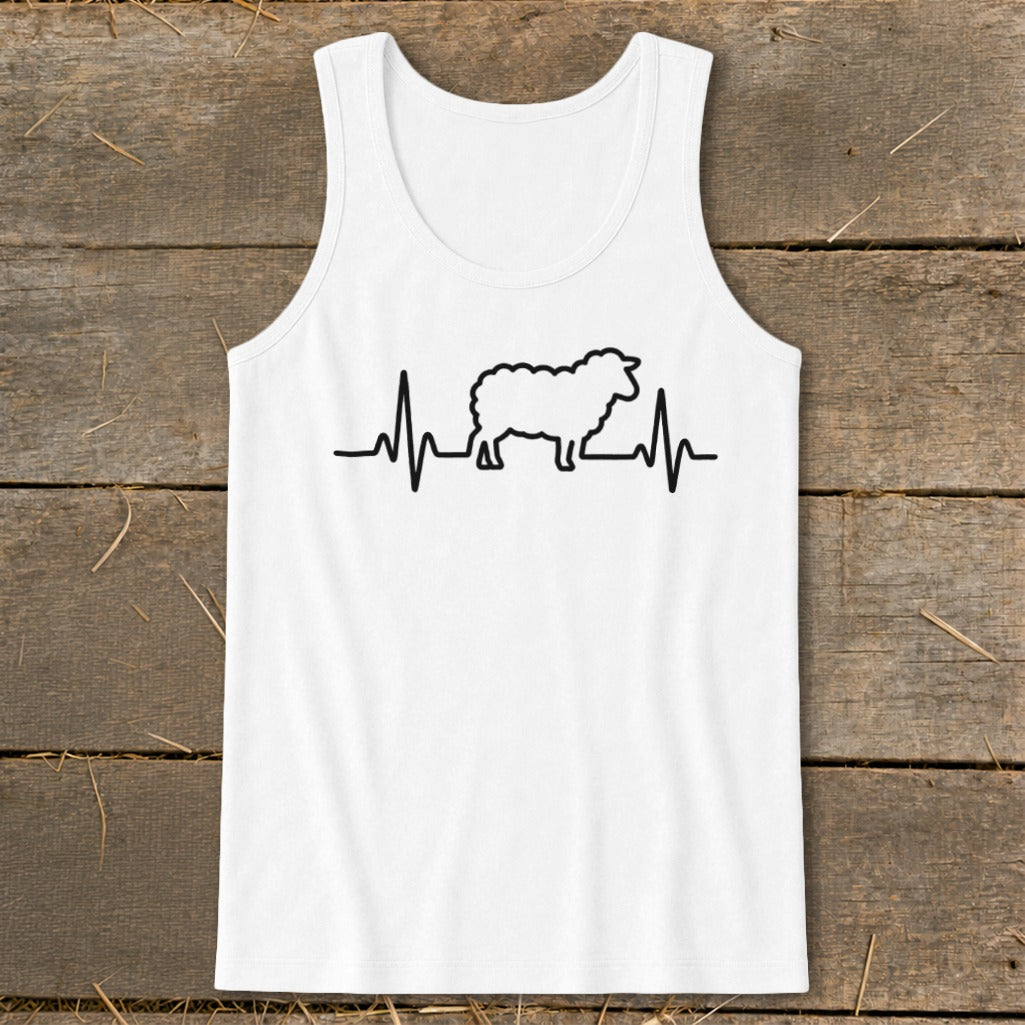 White tank top featuring a black heart rate monitor line with a sheep silhouette in the center.