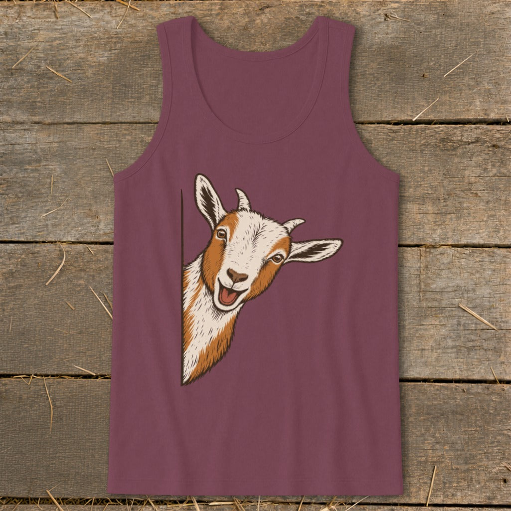Maroon tank top with a peeking goat illustration on the front.