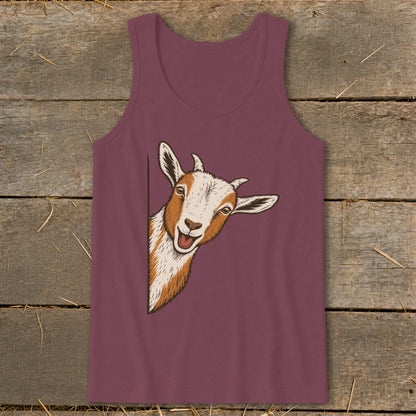 Maroon tank top with a peeking goat illustration on the front.