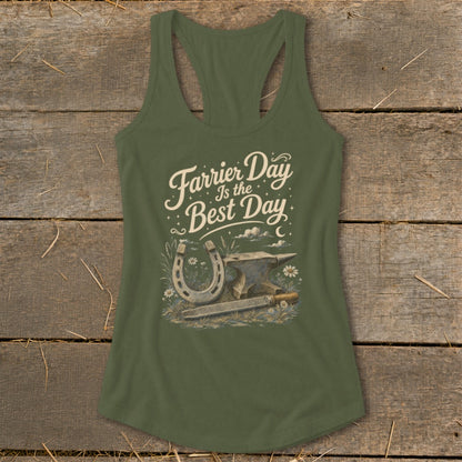 Green tank top with "Farrier Day Is The Best Day" text and horseshoe, anvil, file illustration.