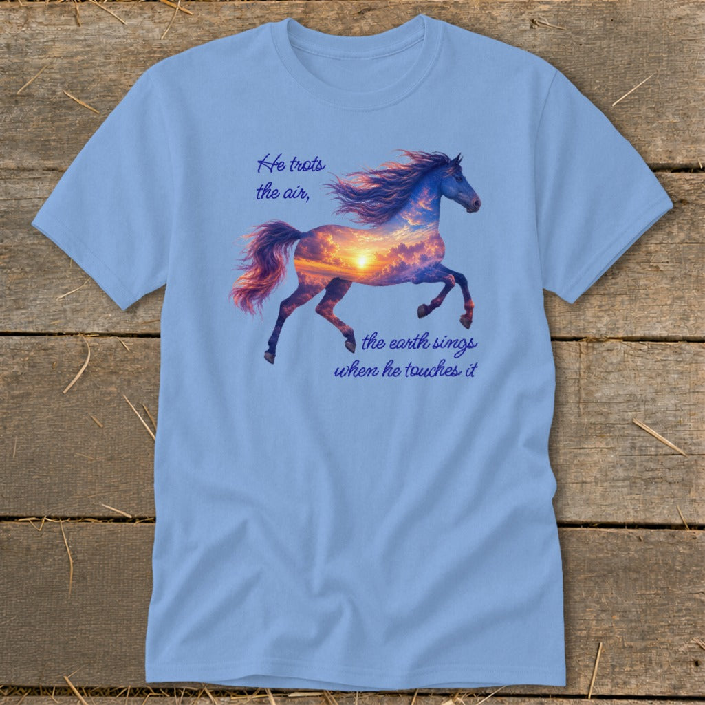 Light blue t-shirt featuring a galloping horse graphic filled with a sunset cloudscape and inspirational text.
