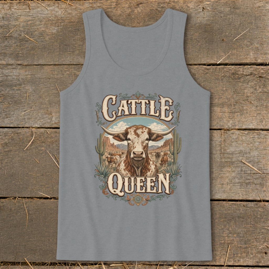 Gray tank top with "Cattle Queen" text and longhorn steer illustration.