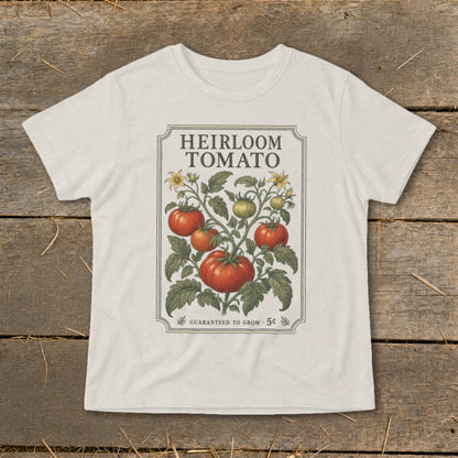 Cream t-shirt with a vintage heirloom tomato plant illustration and text.