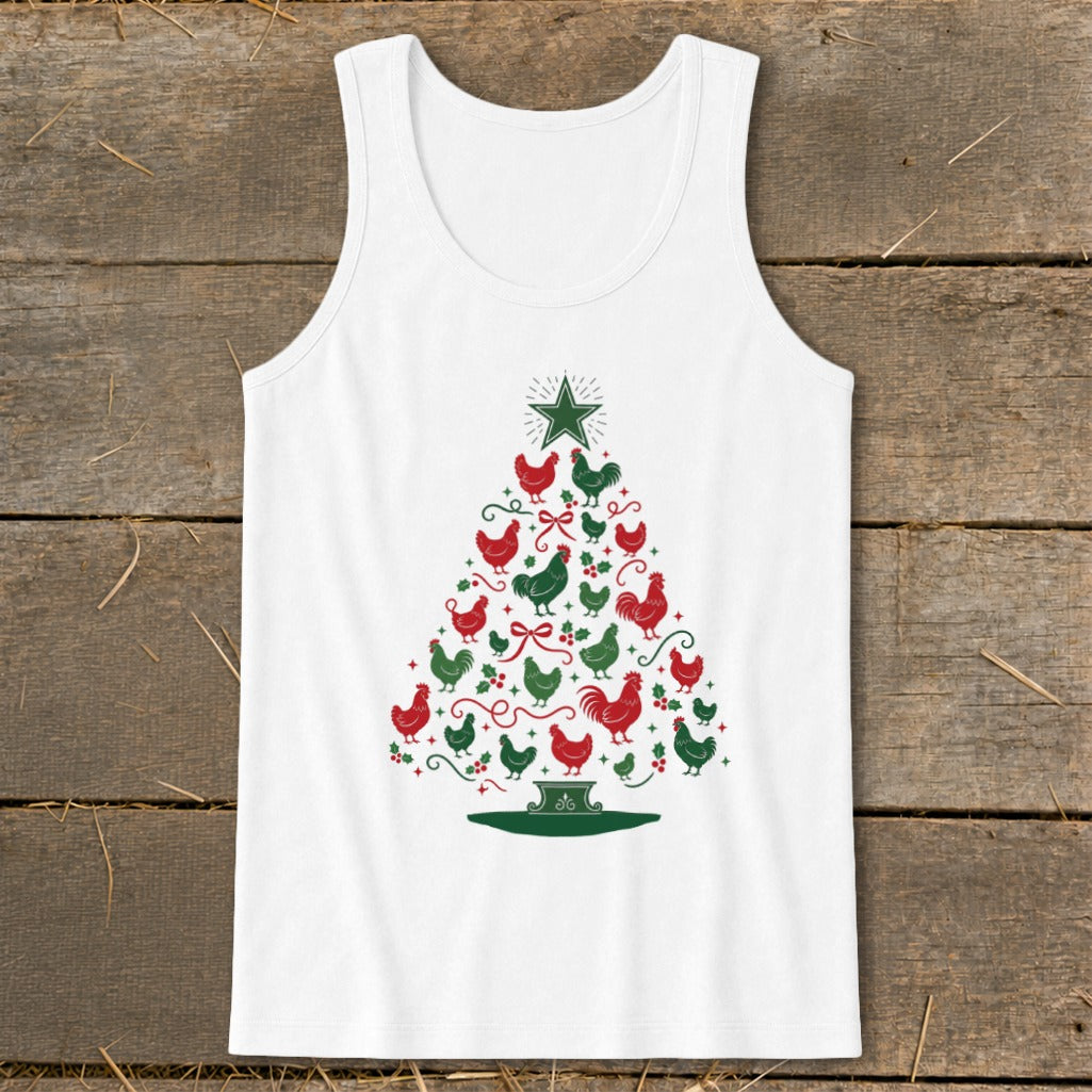 White tank top with a Christmas tree made of red and green chickens.