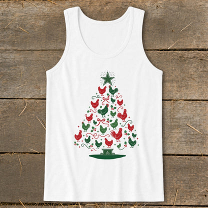 White tank top with a Christmas tree made of red and green chickens.