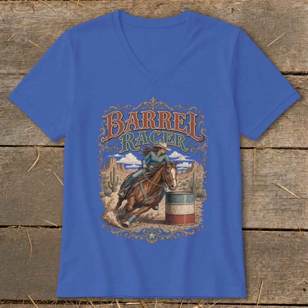 Barrel racer on horseback rounds a barrel with desert landscape background and text.