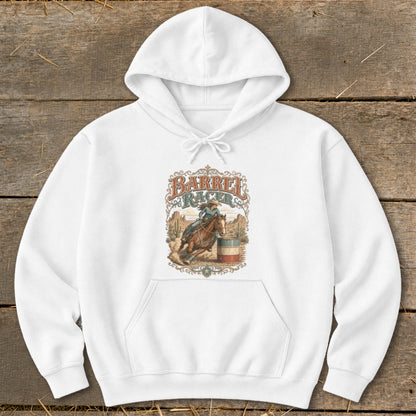 White hoodie with "Barrel Racer" graphic of a cowboy on a horse and barrel.