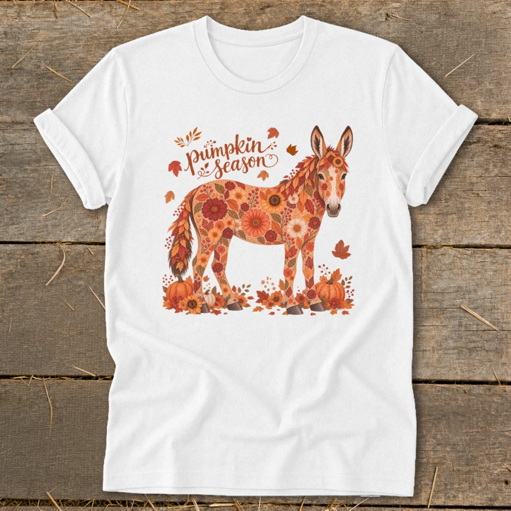 White t-shirt with a mule design made of autumn flowers and leaves; text says "Pumpkin season".