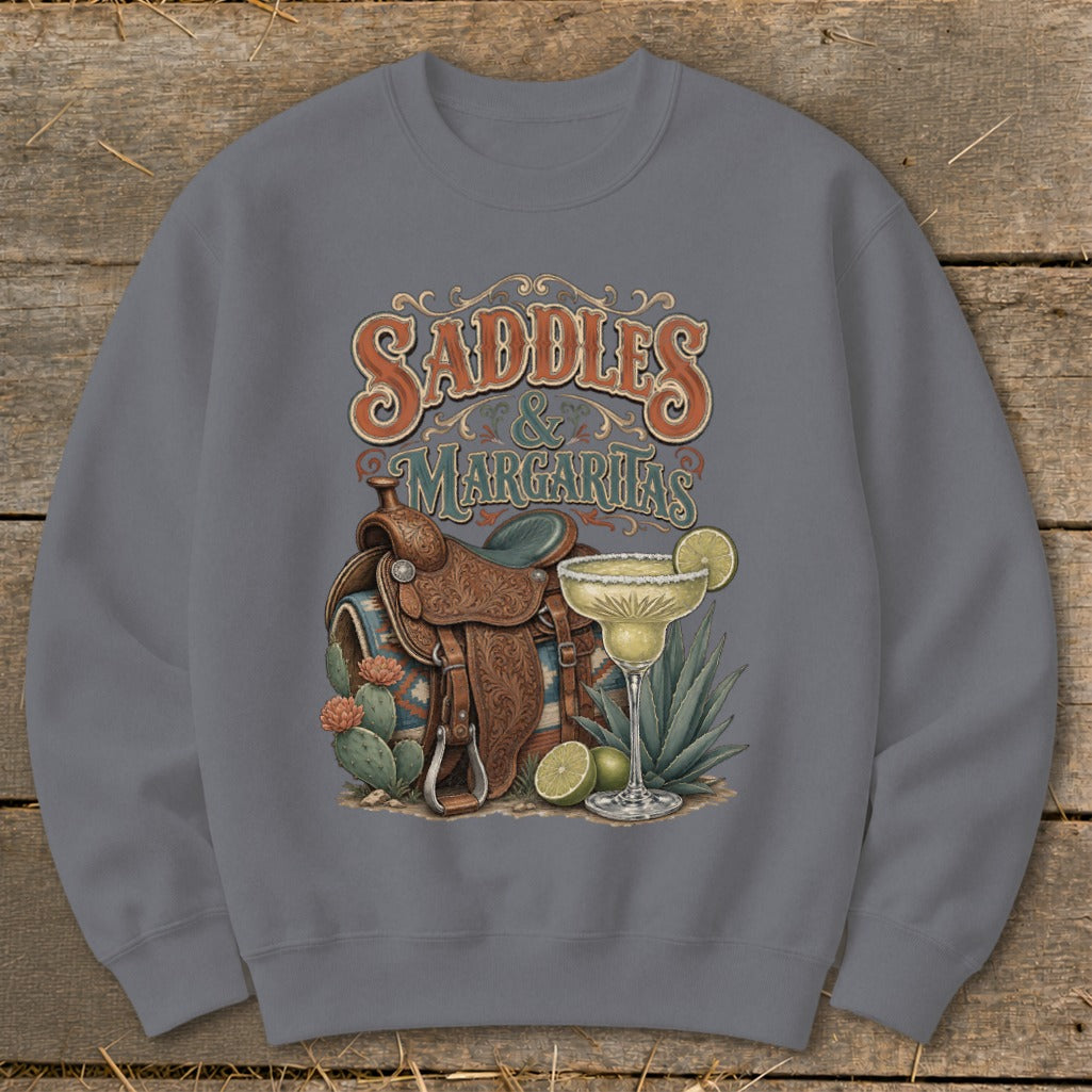 Saddles & Margaritas graphic with cowboy saddle, margarita glass, cacti, and lime.