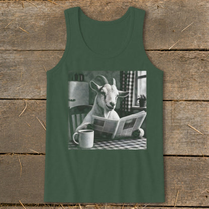 Dark green tank top featuring a black and white graphic of a goat reading a newspaper at a kitchen table.