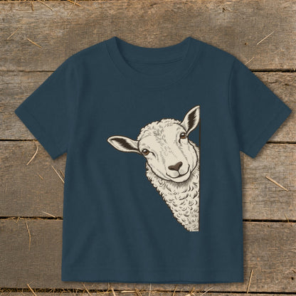 Sheep peeking from behind on a navy blue t-shirt.