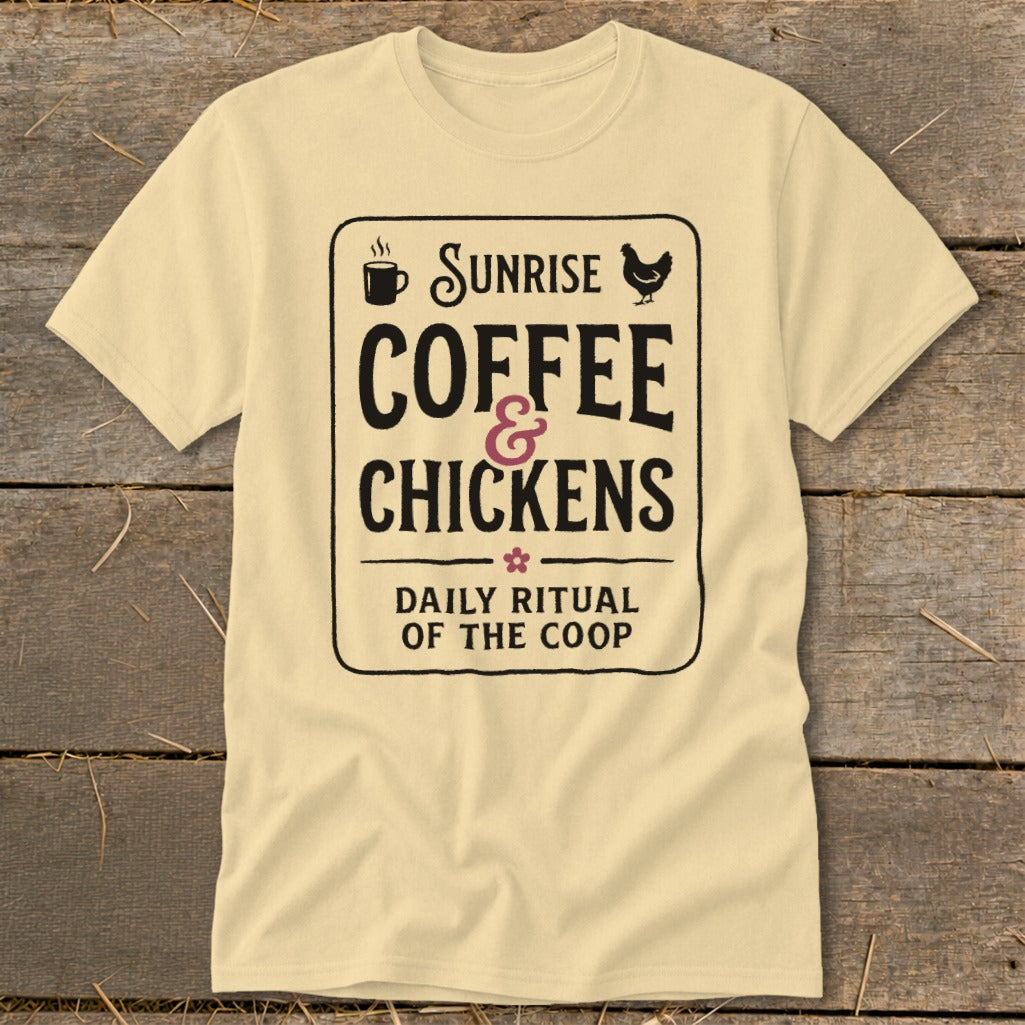 Light yellow t-shirt with black and pink text: "Sunrise Coffee & Chickens Daily Ritual of the Coop".
