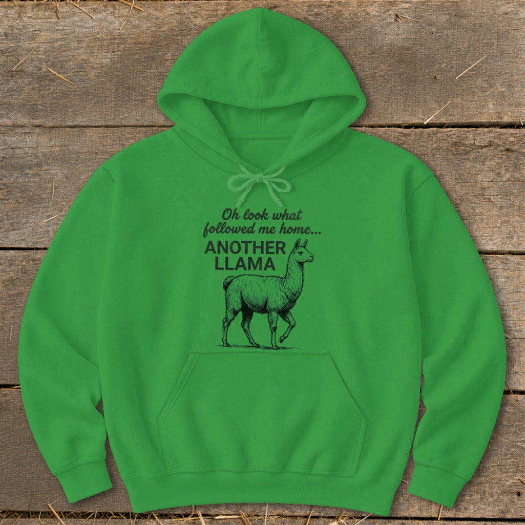 Green hoodie with "Oh look what followed me home... ANOTHER LLAMA" and a llama graphic.