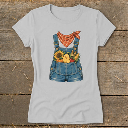 Light gray t-shirt with denim overalls graphic featuring a chick, sunflower, pumpkin, and corn.