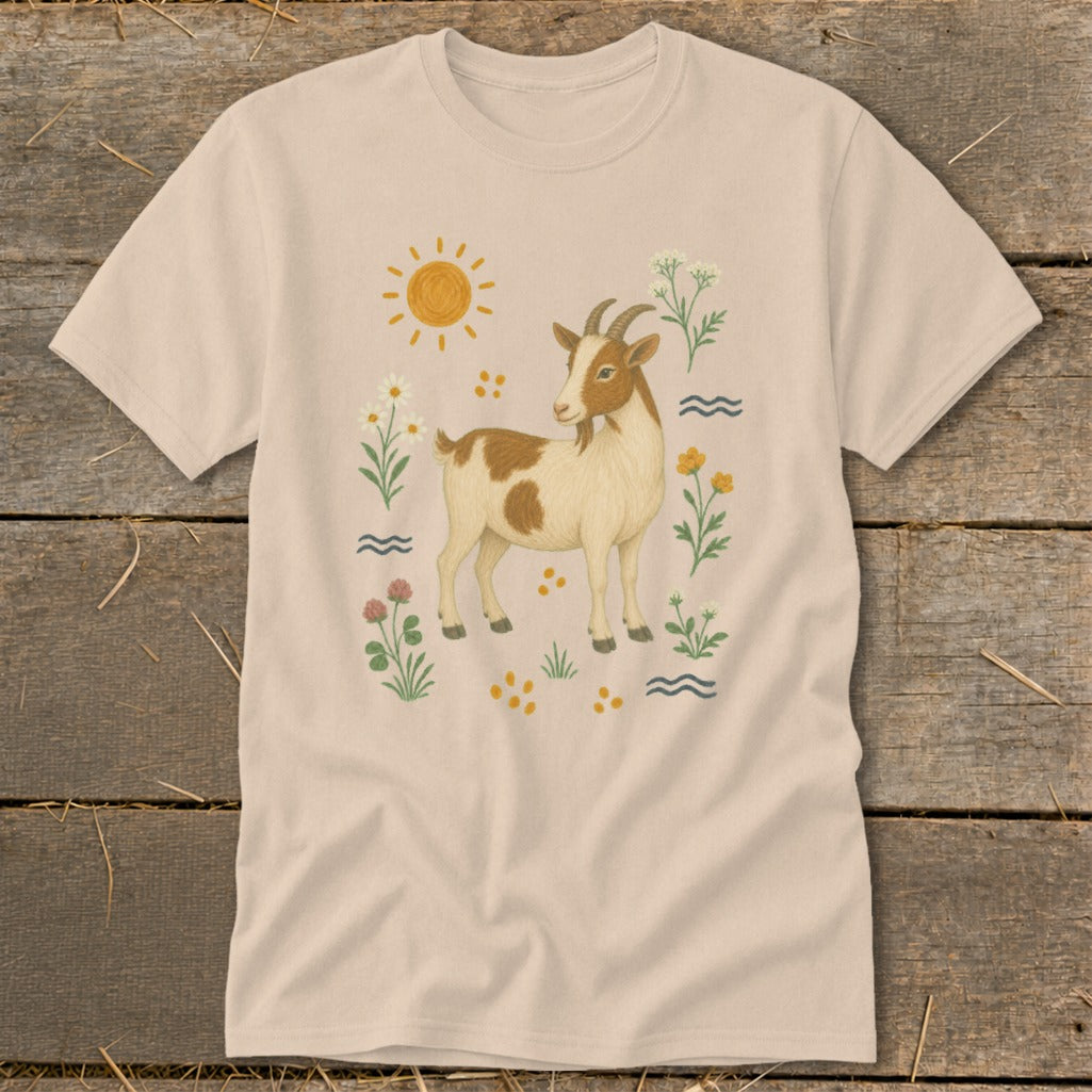 T-shirt with a tan background featuring a tan and white goat surrounded by flowers and the sun.