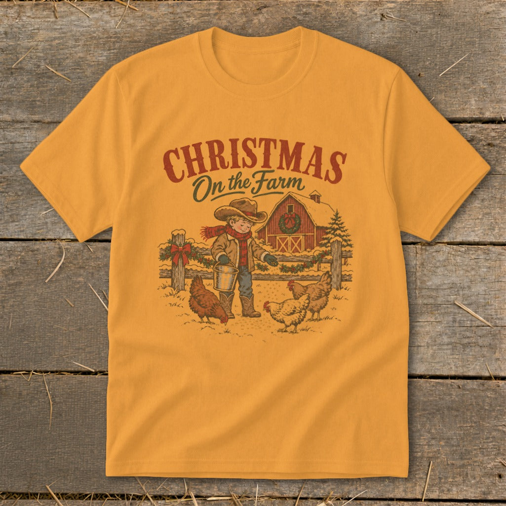 Christmas on the Farm graphic with boy feeding chickens near barn and Christmas wreath.