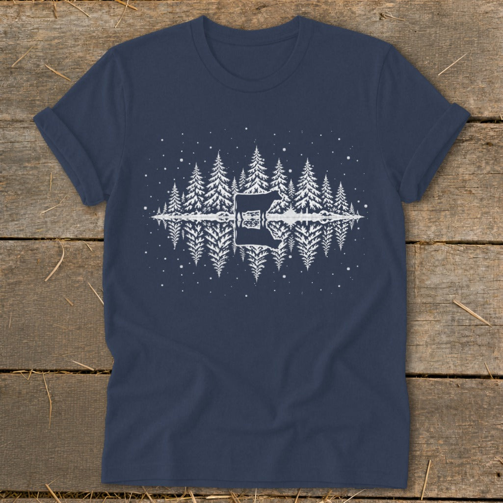 Navy t-shirt with white pine trees, a lake, and a bear reflection design.