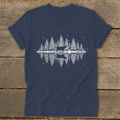 Navy t-shirt with white pine trees, a lake, and a bear reflection design.
