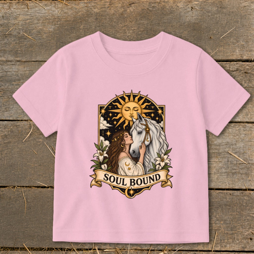 Illustration of woman embracing white horse under sun with text "SOUL BOUND".