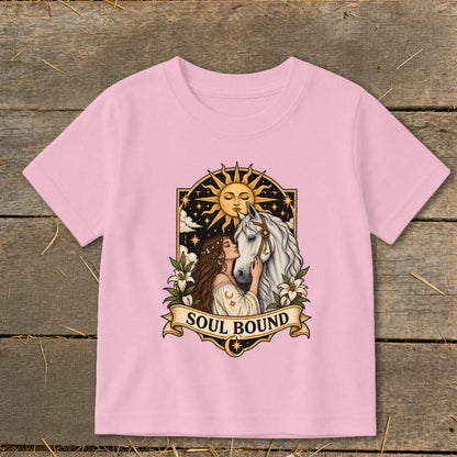 Illustration of woman embracing white horse under sun with text "SOUL BOUND".