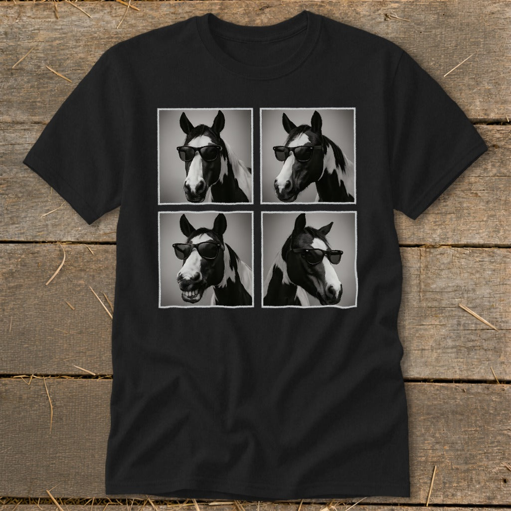 A black t-shirt features a graphic print of a horse wearing sunglasses in four different poses.