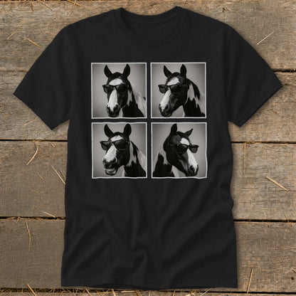 A black t-shirt features a graphic print of a horse wearing sunglasses in four different poses.