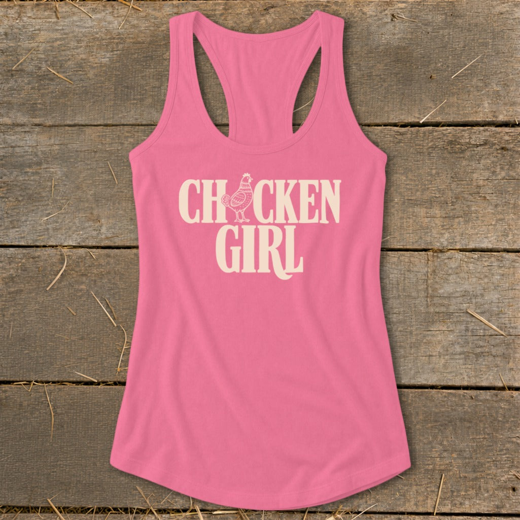 Pink racerback tank top with "CHICKEN GIRL" and chicken graphic.