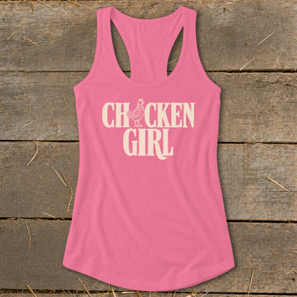 Pink racerback tank top with "CHICKEN GIRL" and chicken graphic.