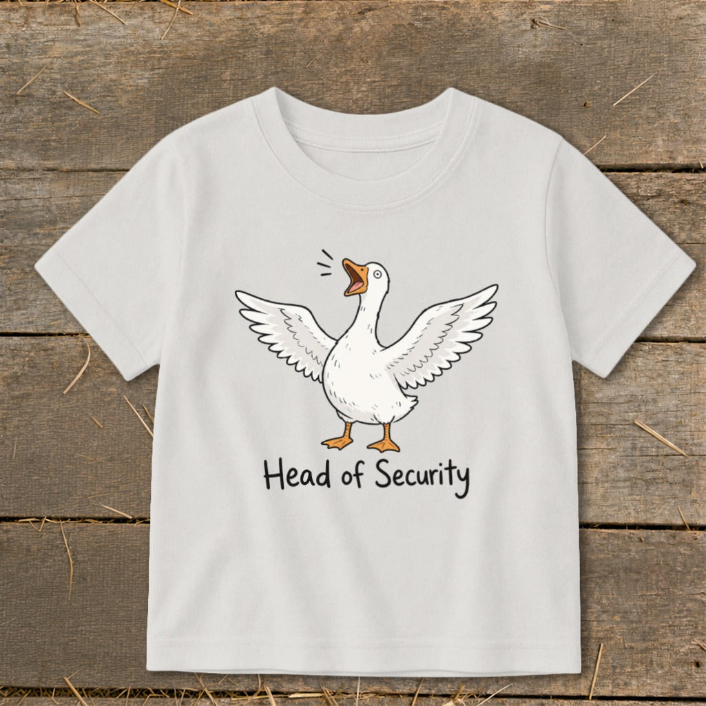 White t-shirt with cartoon goose and "Head of Security" text.