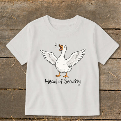 White t-shirt with cartoon goose and "Head of Security" text.