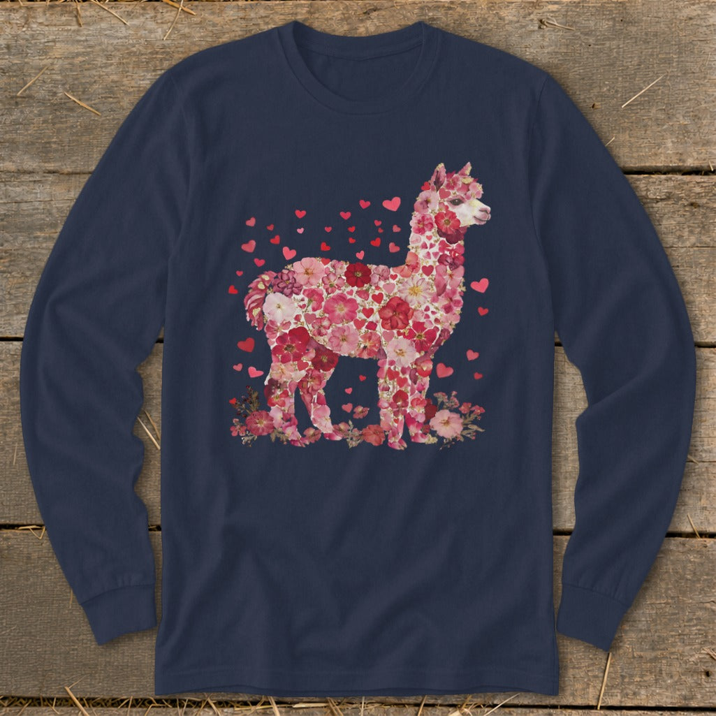 Navy long sleeve shirt with floral alpaca design and pink hearts.