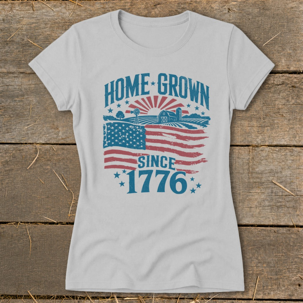 Grey t-shirt with "HOME GROWN SINCE 1776" text and American flag farm graphic.
