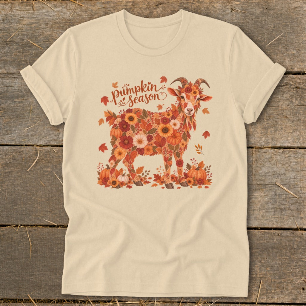 T-shirt with a goat made of autumn flowers and pumpkins, text reads "Pumpkin Season".
