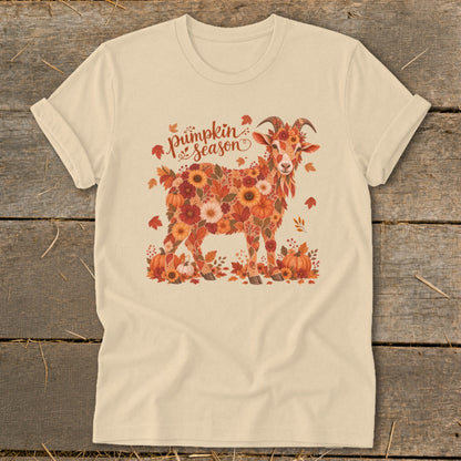 T-shirt with a goat made of autumn flowers and pumpkins, text reads "Pumpkin Season".